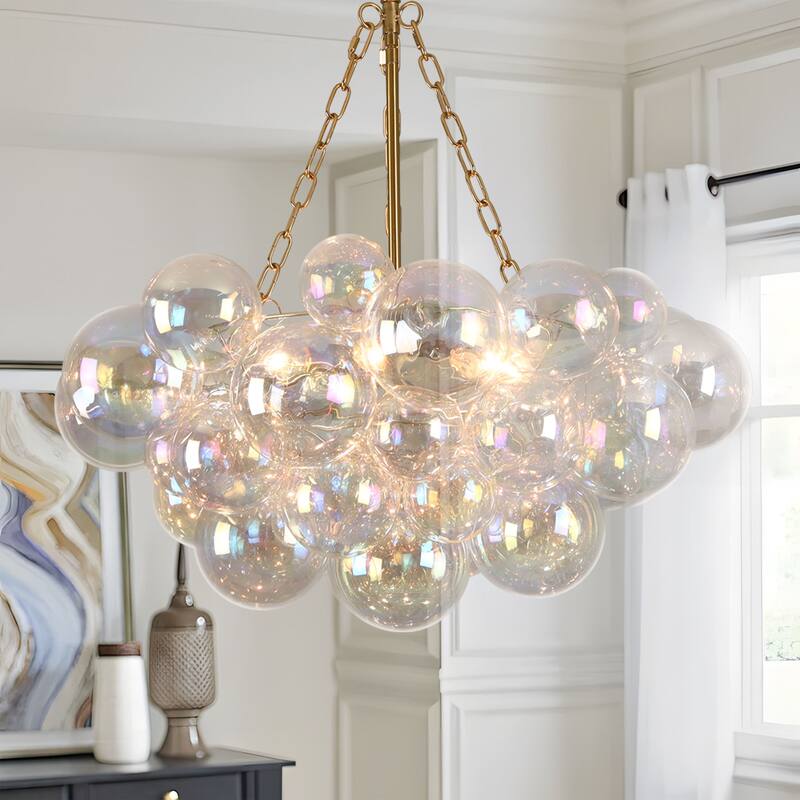 Starsky 6-Light lridescent Bubble Glass Globe chandelier, Hand-Blown Colorful cluster Light, Adjustable Height, Gold or Nickel