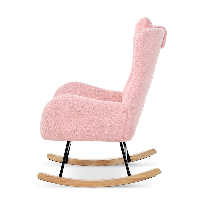Polyester Glider Chair with Adjustable Headrest and Storage Pocket, Rubber Wood Base
