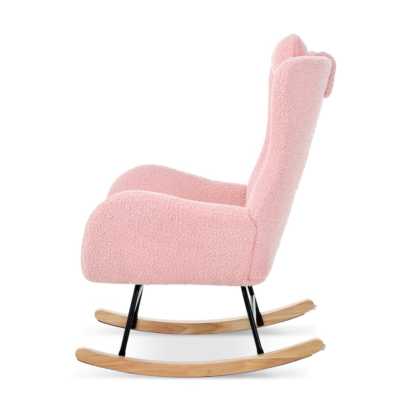 Teddy Upholstered Rocking Chair with High Back, Adjustable Headrest, Side Pocket, Modern Glider Chair for Nursery & Living Room