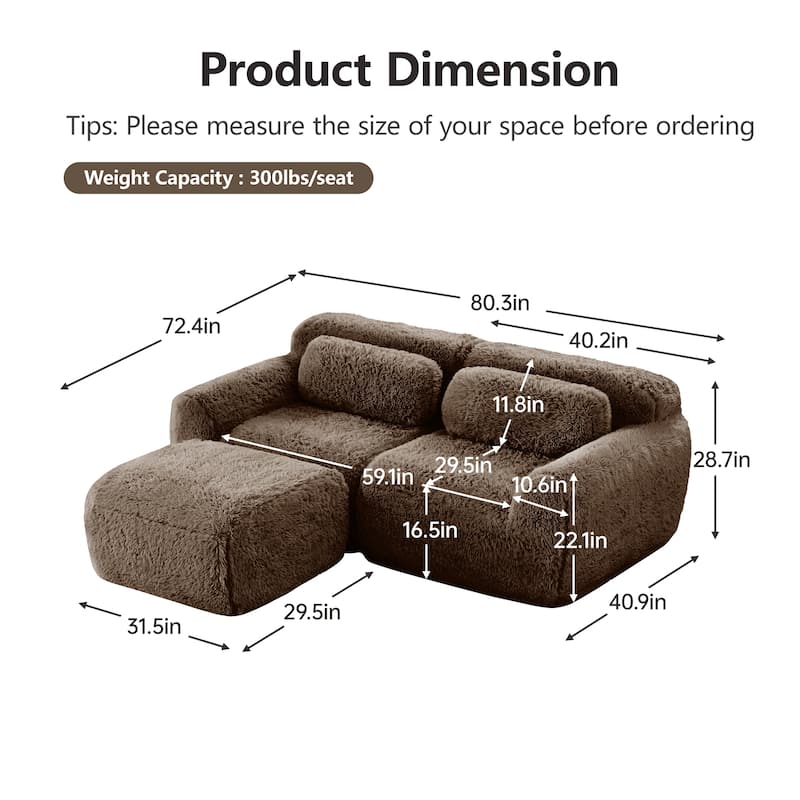 80" Boneless Couch L-Shaped Sofa for Living Room, Cloud Couch with Ottoman, Sectional Deep Seat Couches with Throw Pillows
