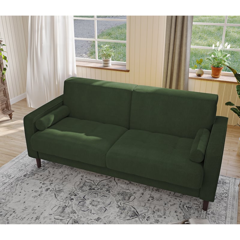 Modern Corduroy 2 Seater Sofa with Bolster Pillows - Green