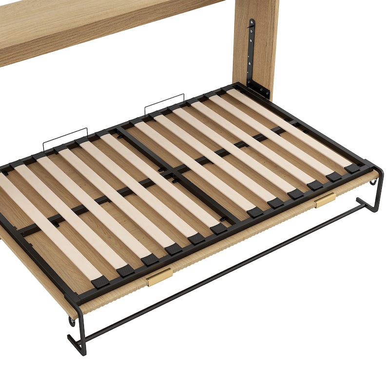 Twin XL Size Murphy Bed with Bottom LED Light, Foldable into Cabinet, Natural