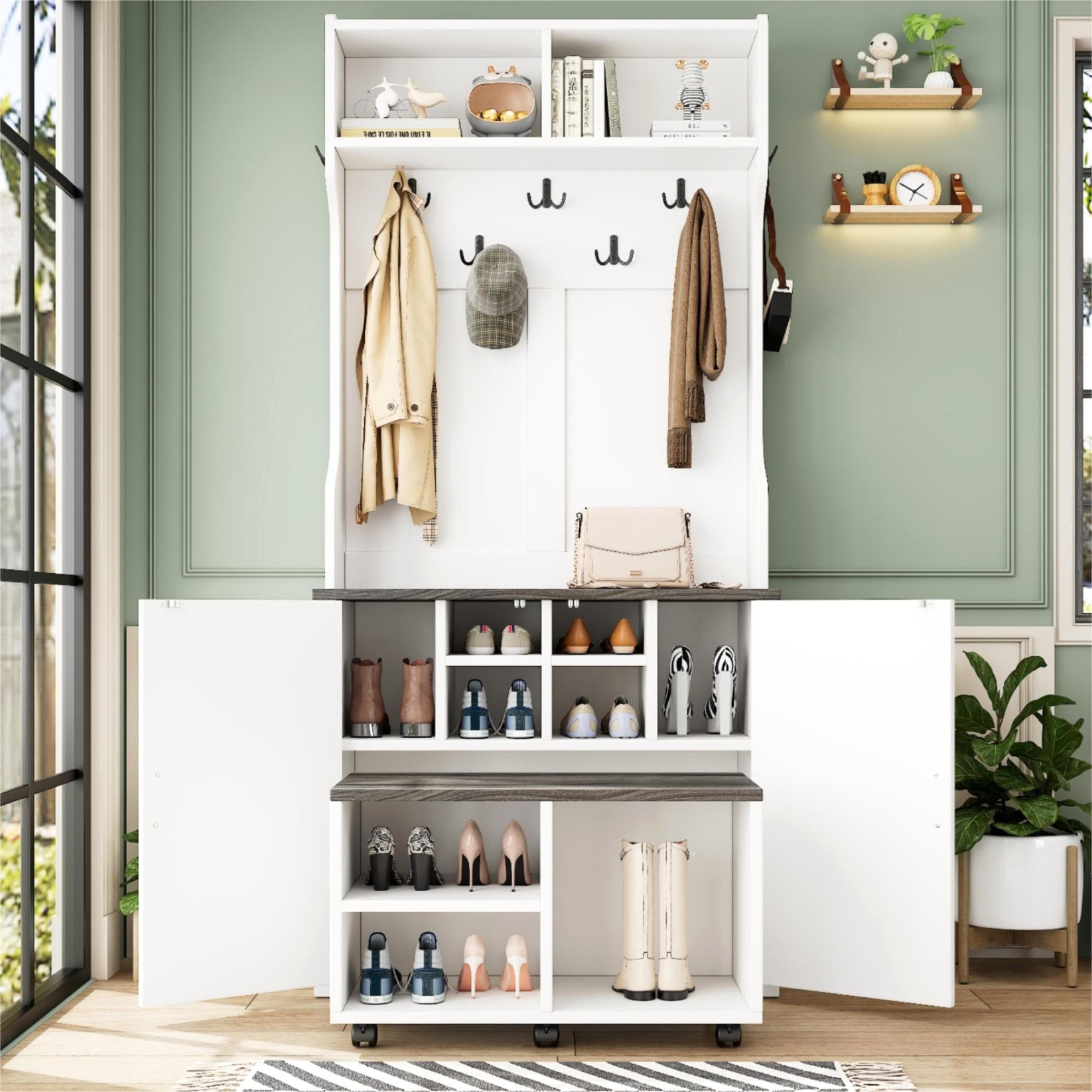 4-in-1 Hall Tree Entryway Coat Rack Bench Kitchen Storage Shoe Cabinet with 7 Hanging Hooks 6 Brake Wheels for Hallway