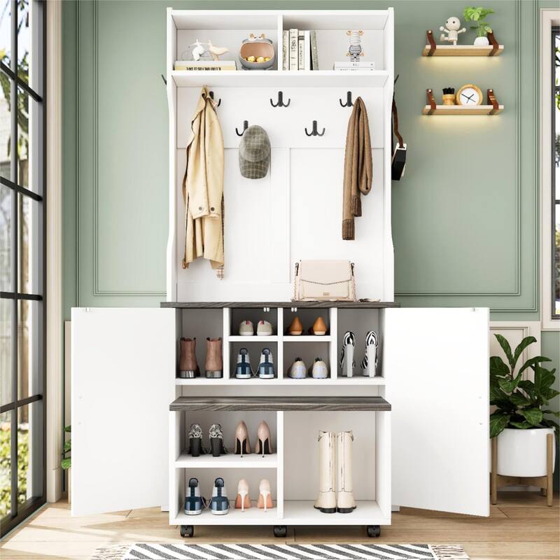 Farmhouse 4-in-1 Hall Tree with Barn Doors, Movable Bench with 7 Hanging Hooks and Shoe Storage Cabinet