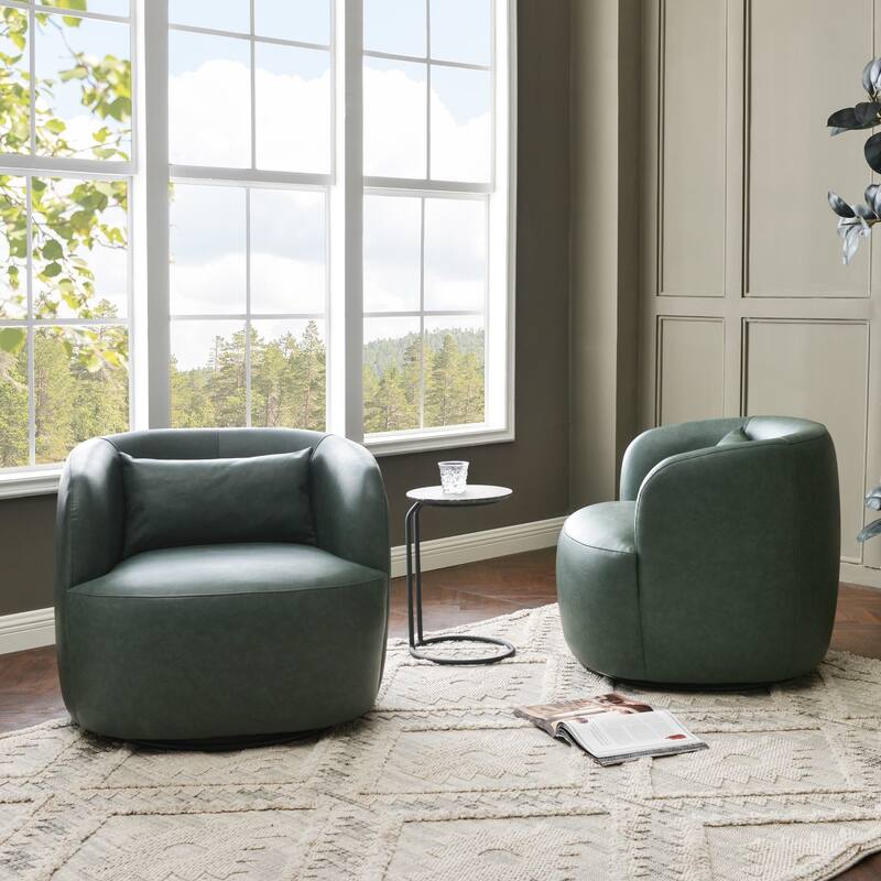 KINWELL 34" Wide Swivel Faux Leather Barrel Armchair Upholstered PU Leather Accent Chairs for Living Room Office Lounge