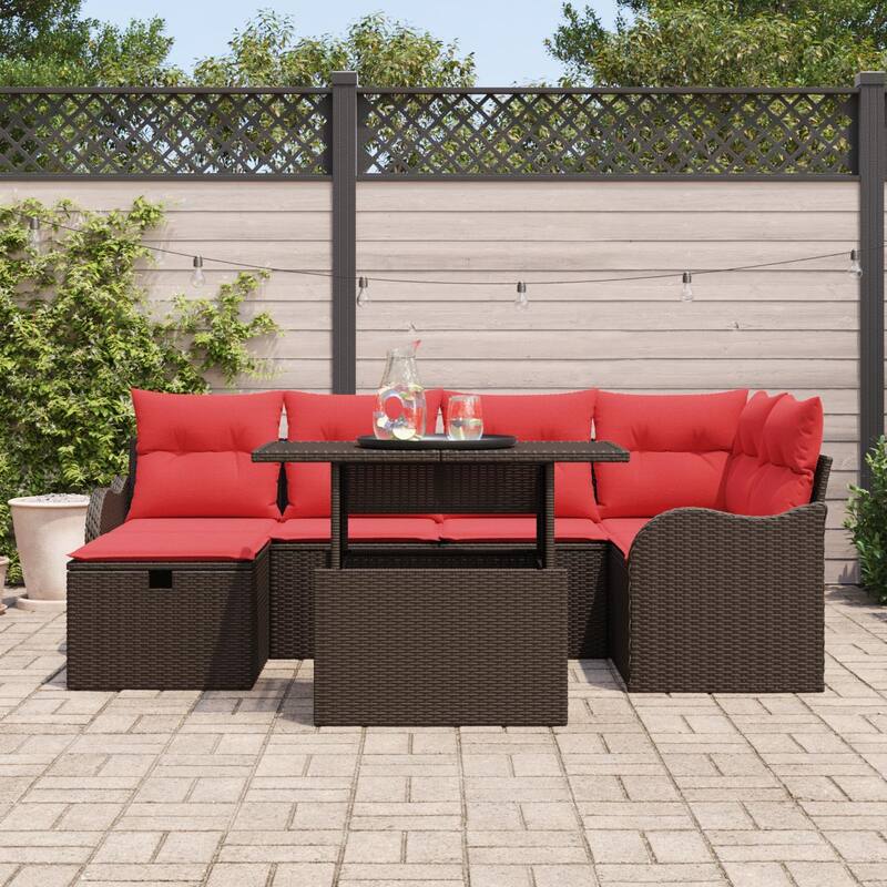 vidaXL 7 Garden Sofa Set with Cushions Black/Brown/Grey Poly Rattan - 91.5 x 48.2 x 27.2