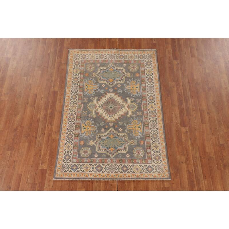 Geometric Grey Kazak Oriental Rug Bedroom Hand-Knotted Wool Carpet - 4'0"x 5'10"