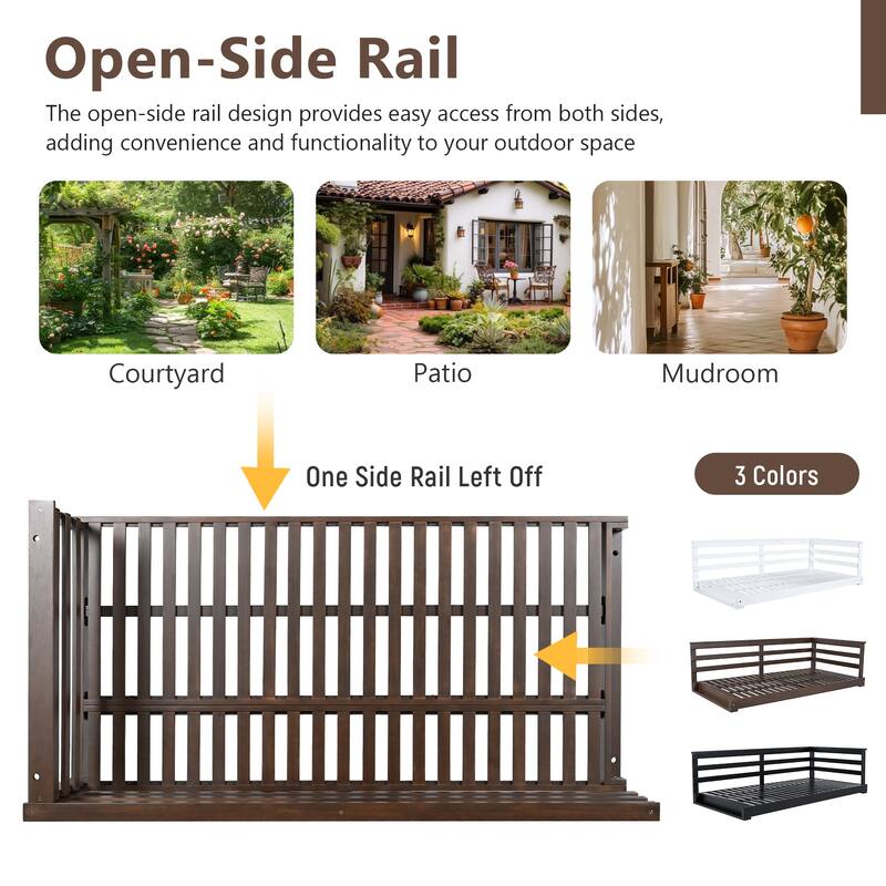 Country Style Acacia Wood Porch Swing Bed,Twin Size Outdoor Daybed with 4x 96" Hemp Ropes,Rustic Patio Hanging Swing for Garden