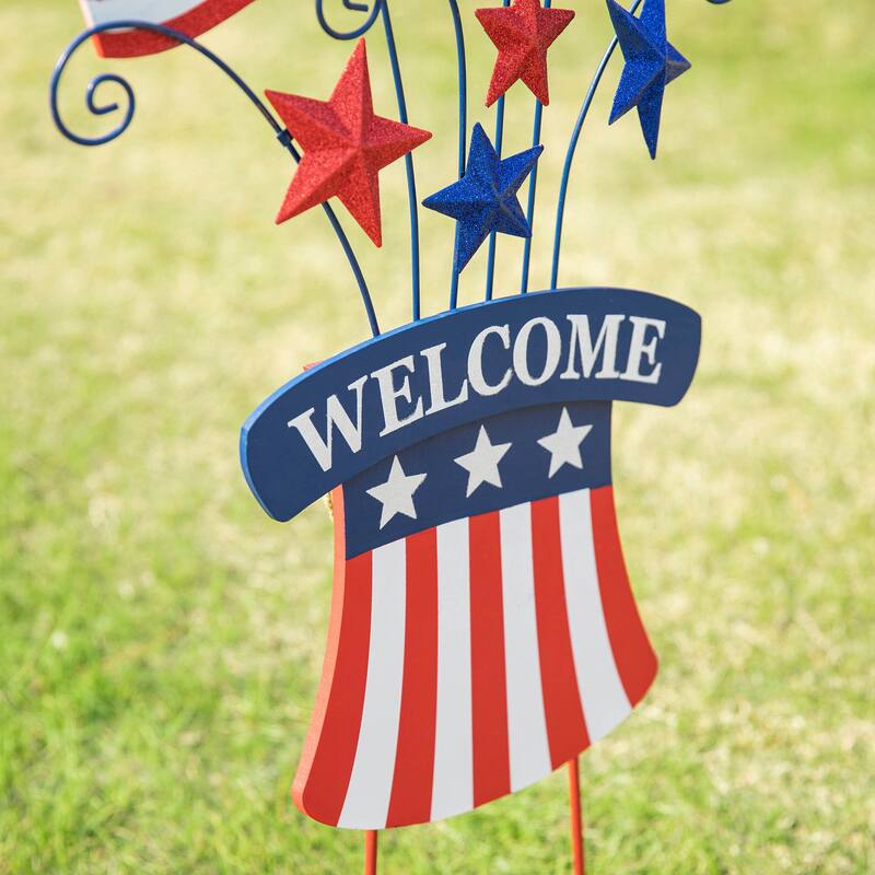 Glitzhome Metal Americana Stars Stripes Yard Stake Wall Sign with Welcome Flag
