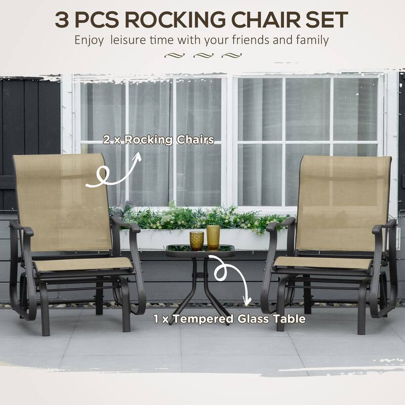 Outsunny 3-Piece Outdoor Gliders Set Bistro Set with Steel Frame,Tempered Glass Top Table for Patio, Garden, Backyard, Lawn