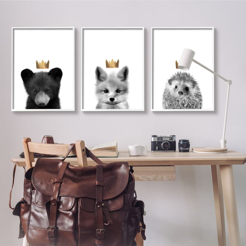 Stupell Woodland Animals Bold Crowns Black Bear Fox Hedgehog 3pc Multi Piece Framed Wall Art Set