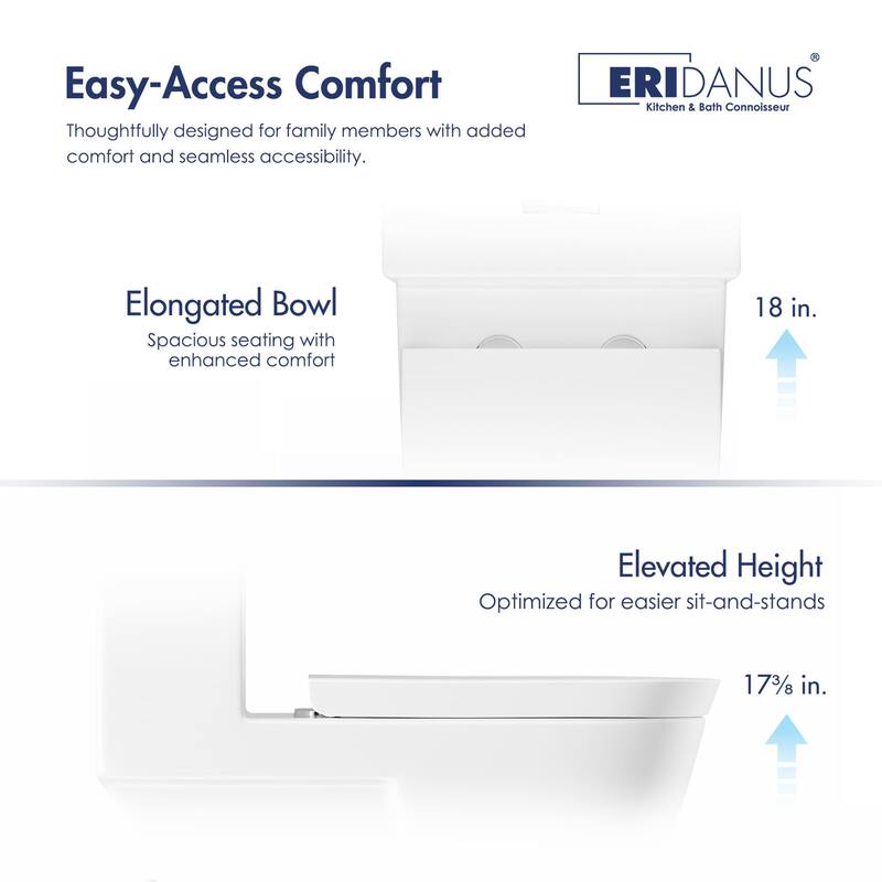 Eridanus Turner Chair Height Elongated One Piece Toilet, Crisp White, Seat Included (12" Rough in) - Compact Elongated