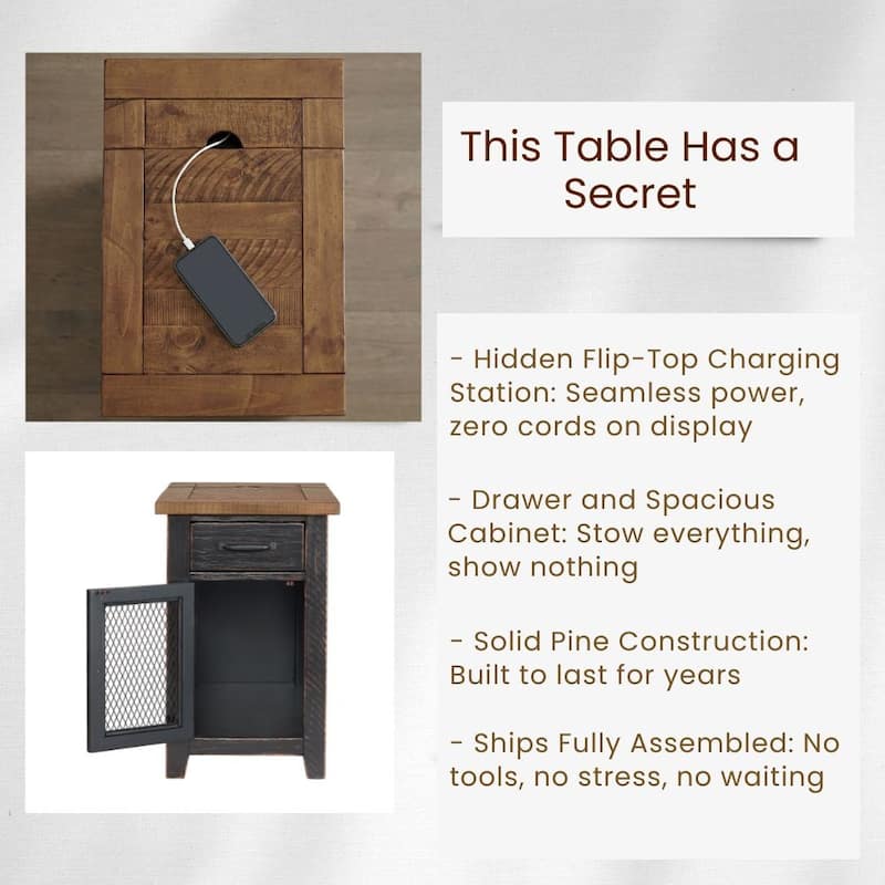 Rustic Solid Wood Chairside End Table with Hidden Charging Station