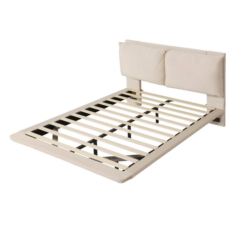 Full Velvet Upholstered Platform Bed with Motion Sensor Light, 2 Large Backrests, USB Ports, and Floating Design