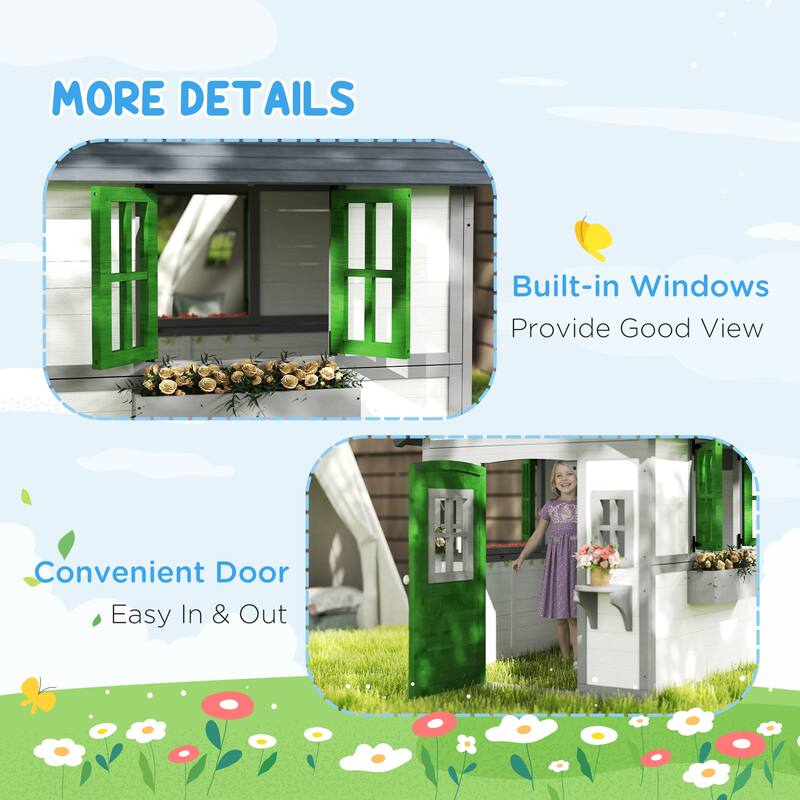 White Green and Dark Gray Wooden Kids Playhouse with Windows and Planter Boxes for Outdoor Backyard Fun Ages 3 to 8