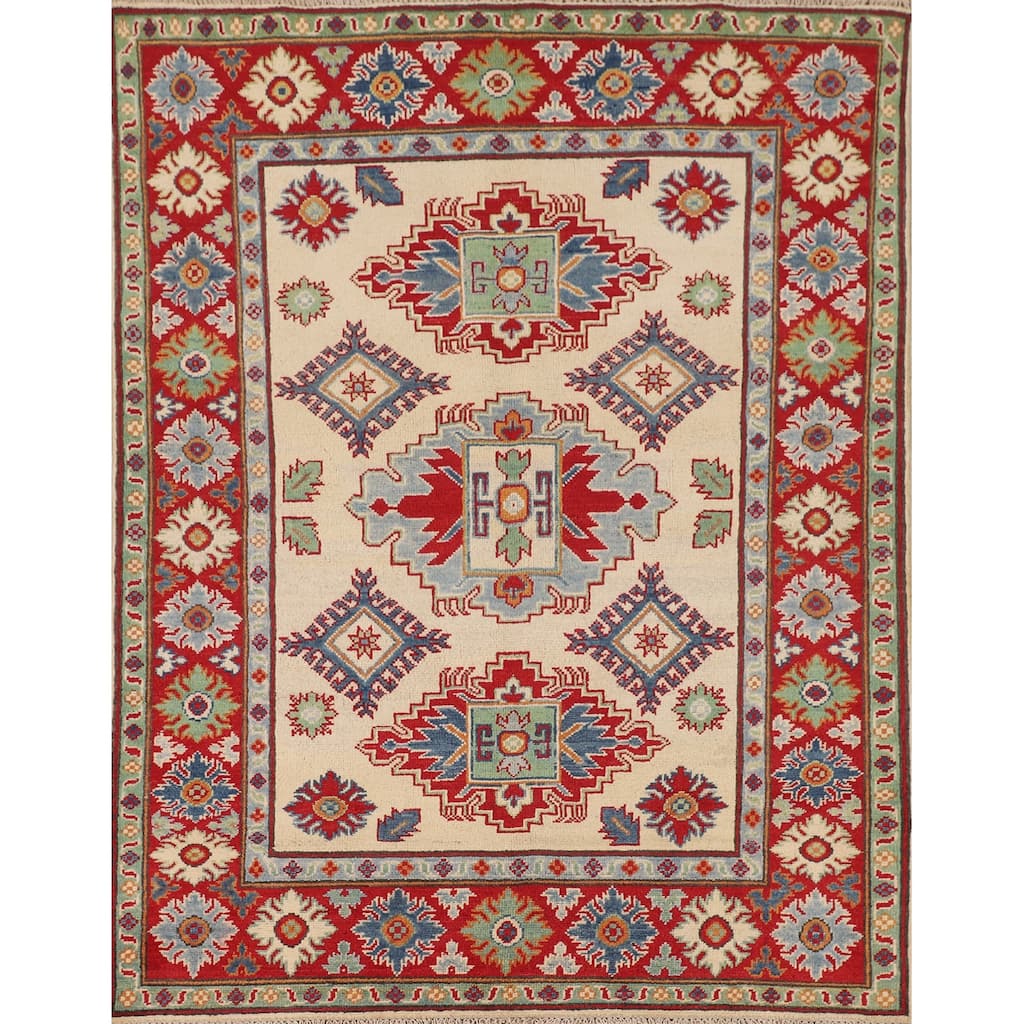 Geometric Beige / Ivory Kazak Oriental Area Rug Handmade Wool Carpet - 4'2" x 5'7"