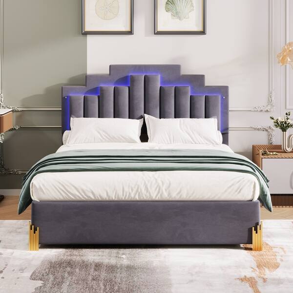 slide 2 of 54, Velvet LED Platform Bed with Drawers & Lights Queen - Gray