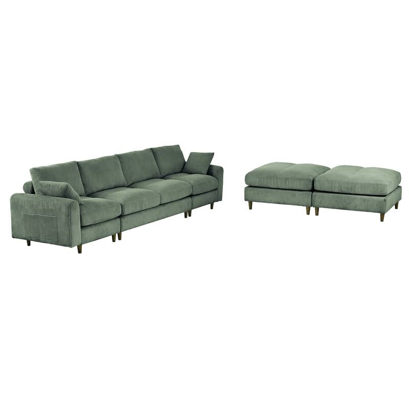 Roomfitters Modern Corduroy Modular Sectional Sofa, U-Shaped Convertible 6-Seat Sofa Set with Footstool and Pillows, Olive Green
