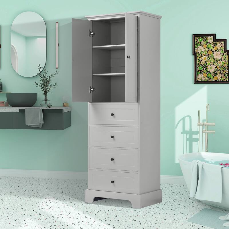 Freestanding Storage Cabinet with 2 Doors and 4 Drawers - Grey