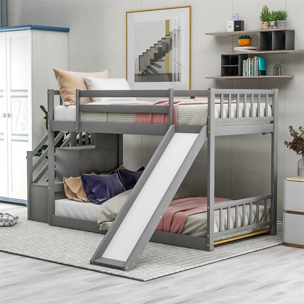 slide 2 of 18, Merax Twin Over Twin Bunk Bed with Convertible Slide and Stairway Grey