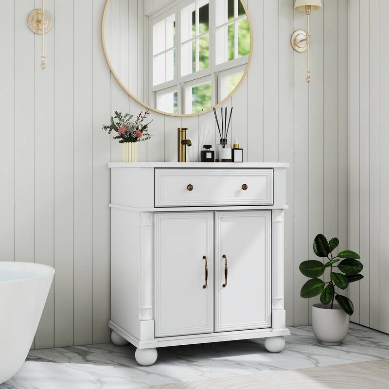 27.8-Inch Mid-Century Bathroom Vanity Sink with Roman Column Base, Farmhouse Freestanding Storage Cabinet