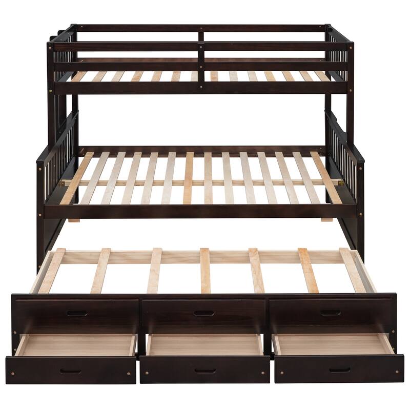 Twin-Over-Full Bunk Bed with Trundle and Drawers, Space-Saving Kids Bedroom Furniture in Espresso