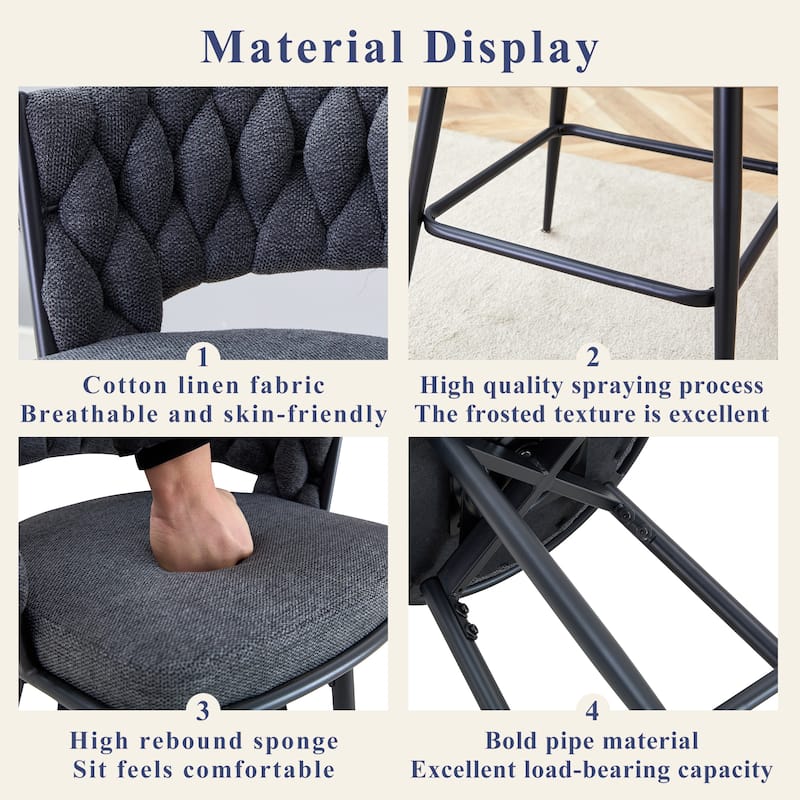Roomfitters Swivel Bar Stools with Linen Cushions and Black Iron Frame, Set of 2