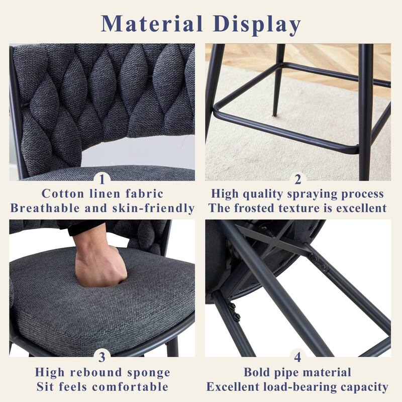 Set of 2 Bar Stools with Breathable Cotton and Linen Soft Cushions, Black spray-painted Iron Frame