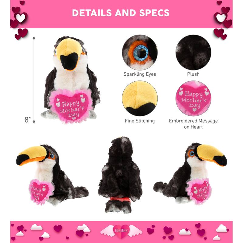 DolliBu Happy Mother’s Day Soft Plush Toucan Doll Figure with Heart - 8 inches