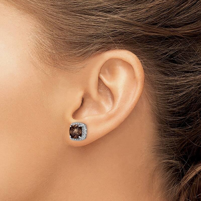 Curata 925 Sterling Silver Polished Post Earrings Smokey Quartz and Diamond Earrings - 13x13mm Wide