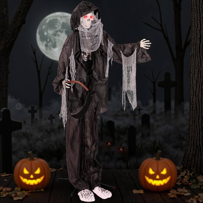 Black Metal Fabric Animated Grim Reaper Halloween Decoration 8.5ft