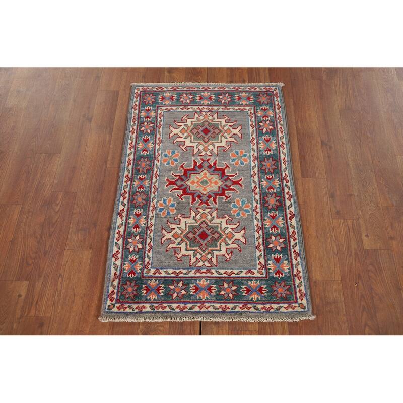 Hand Knotted Oriental 100% Wool Carpet Traditional Geometric Greys & Charcoal Kazak Area Rug - 2' 10'' X 1' 11''
