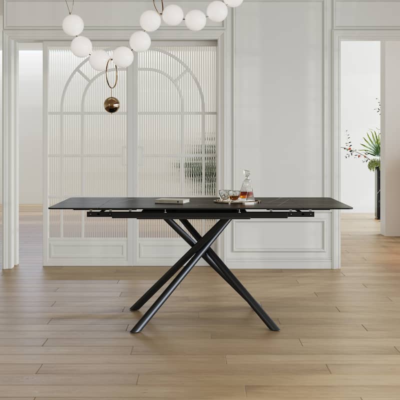 Retractable Sintered Stone Dining Table, Modern Rectangular Design, with Black Carbon Steel Legs at the Bottom - Black