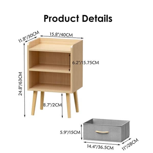 dimension image slide 0 of 3, Wood Side Table with Collapsible Fabric Drawer and 2-Tier Storage for Kids and Adults