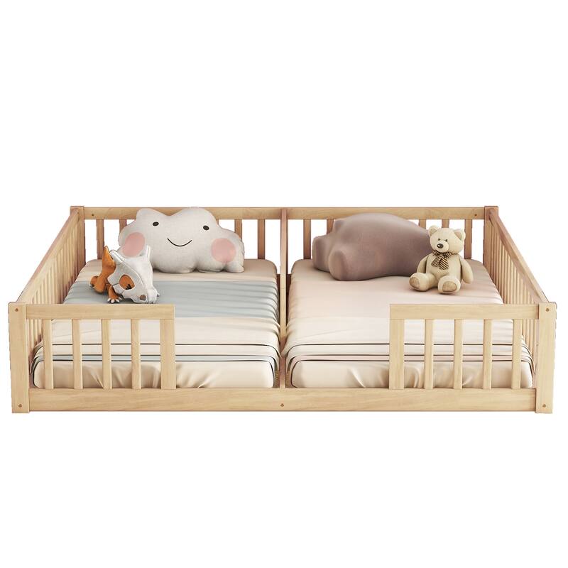 Two-in-One Twin Size Floor Bed with Fence Guardrails, No Door and No Slats for Multi Children Double Bed Frame Toddler Floor Bed