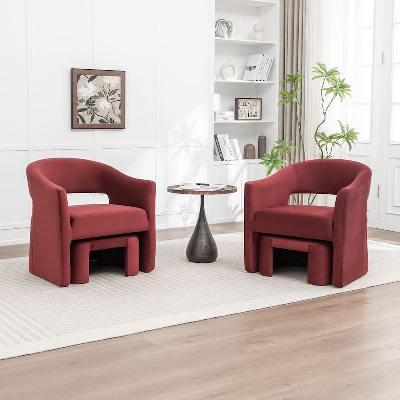 SEYNAR Modern Glam Velvet Accent Armchair Open Back with Ottoman Set of 2 - Red