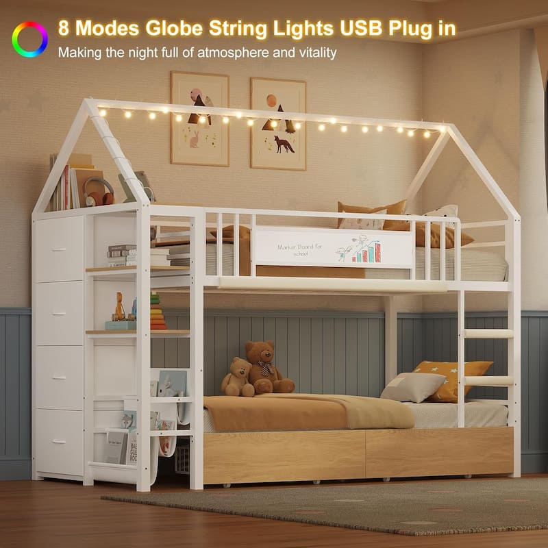 House Low Loft Bed Twin Size Storage Drawers Bookcase LED Lights