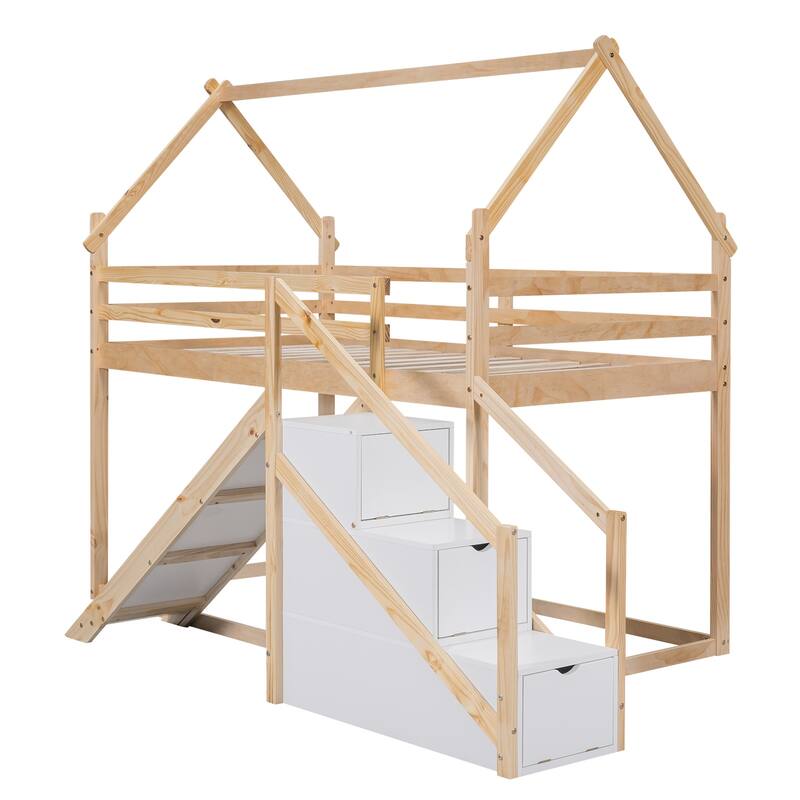 House-Themed Twin Bunk Bed with Climbing Net, Slide, and Storage Staircase