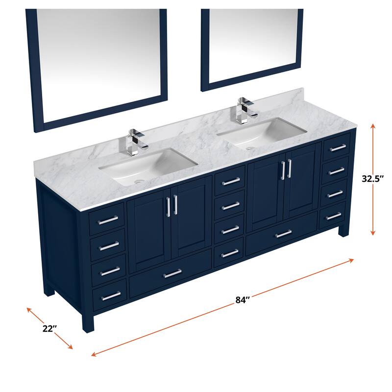 Jacques 84 in. W x 22 in. D Navy Blue Double Bath Vanity, Carrara Marble Top, Faucet Set, and 34 in. Mirrors