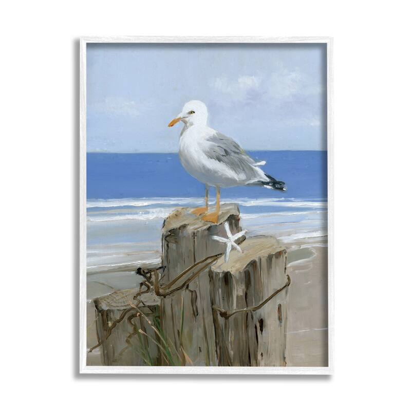 Stupell Summer Seagull and Starfish Nautical Beach Post Framed Wall Art - Blue