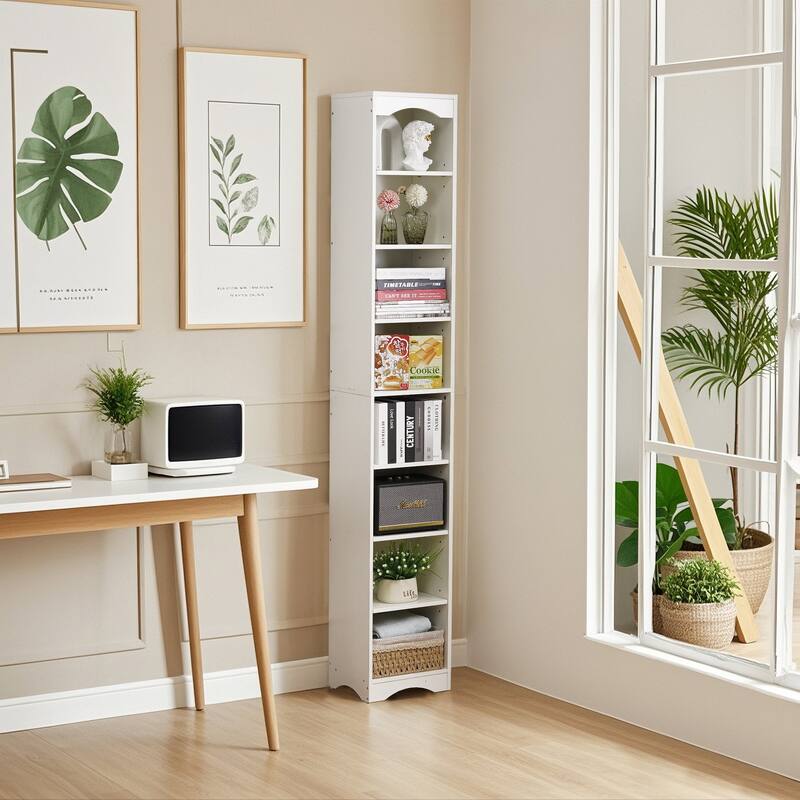 VECELO Tall Narrow Bookshelf with Adjustable Shelves Slim Vertical Storage Cabinet with Moisture-Resistant Base for Home Office