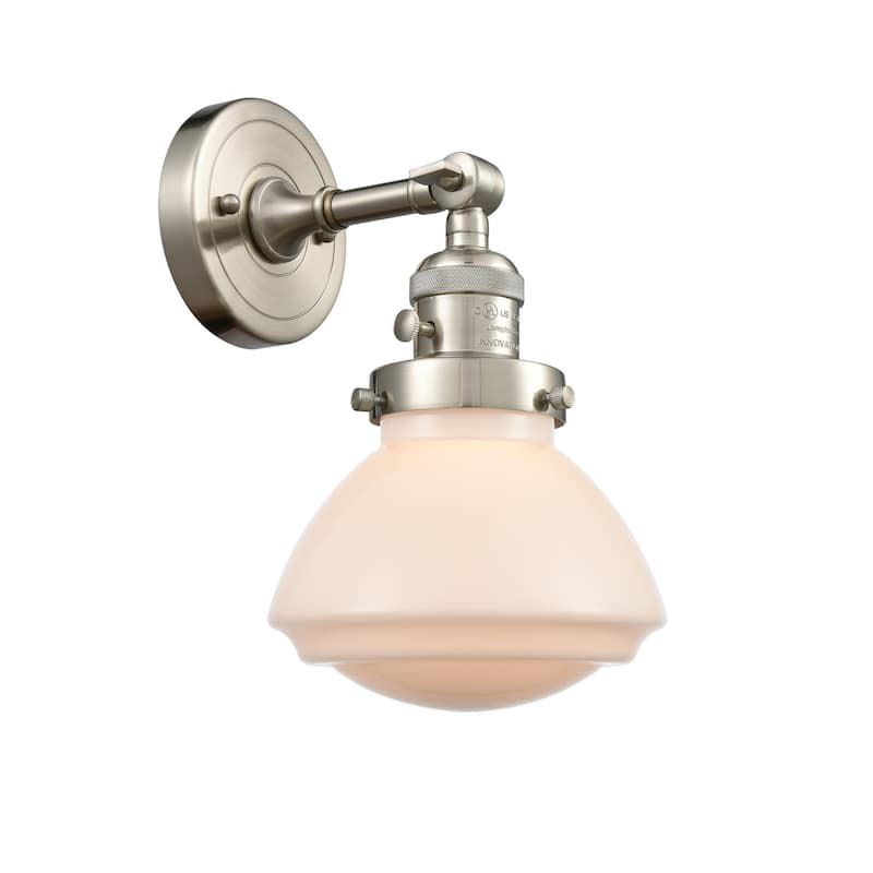 Innovations Lighting Olean 8" Tall Bathroom Sconce - Brushed Satin Nickel / Matte White