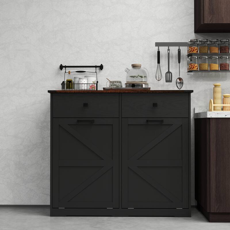 Double Tilt Out Trash Cabinet Black Storage Cabinet Trash Can Cabinet - Black