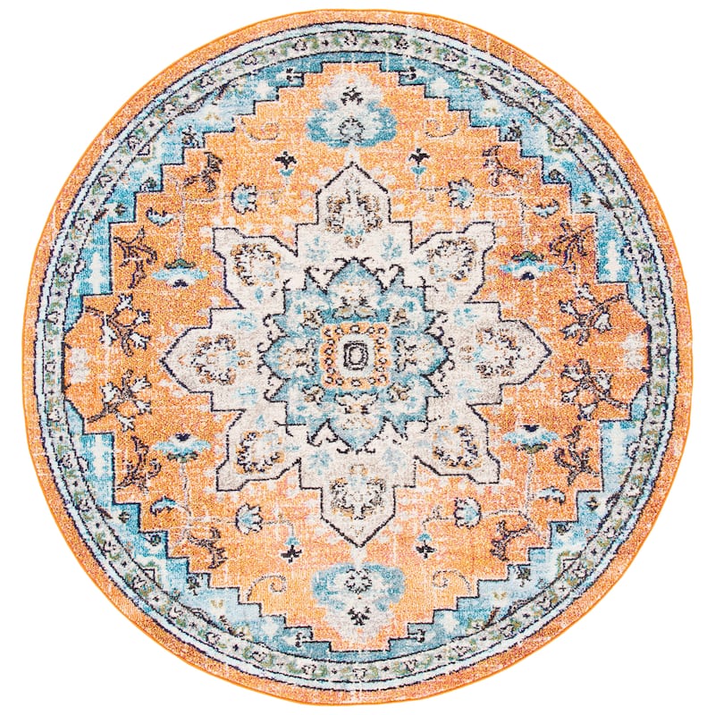 SAFAVIEH Madison Diederike Boho Medallion Distressed Rug - 8' Round - Orange/Teal - Round