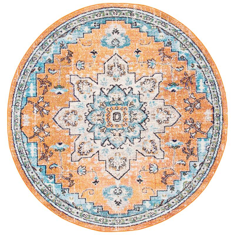 SAFAVIEH Madison Katelijne Boho Medallion Distressed Area Rug - 6'7" Round - Orange/Teal