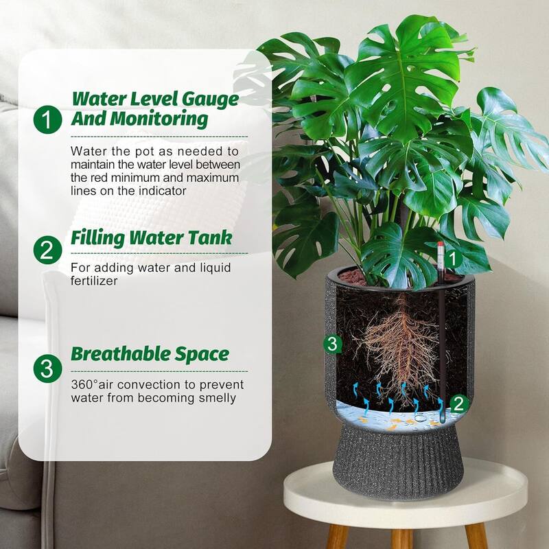 14" Set of 2 Self-Watering Planters, Flower Pots for Front Porch, Patio & Garden