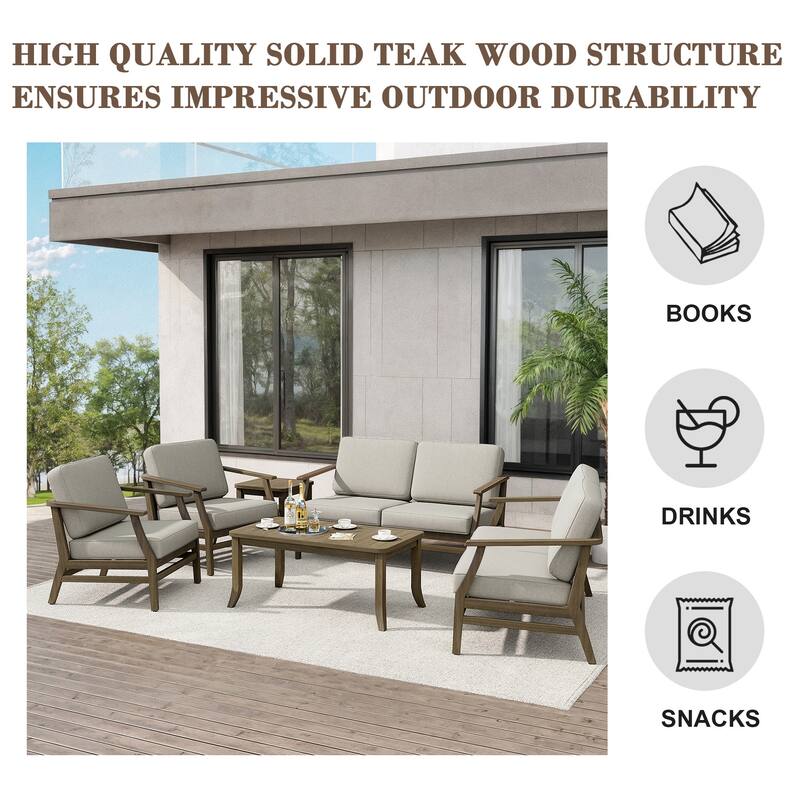 Teak Outdoor Patio Conversation Set with Cushions and Tables (6-Piece)
