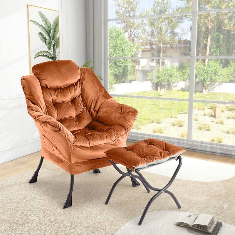 Adjustable Foldable Velvet Lounge Single Sofa Chair for Living Room & Bedroom - Orange