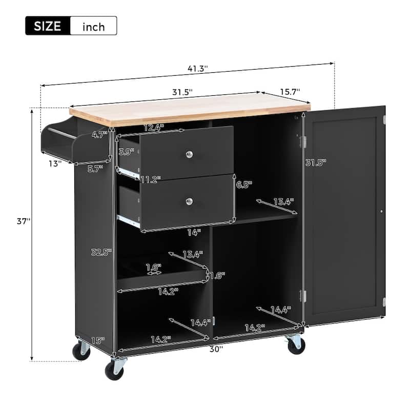 41.3 in. W Kitchen Island Rubberwood Top on 4 Wheels with 2 Drawers and Large Storage Cabinet