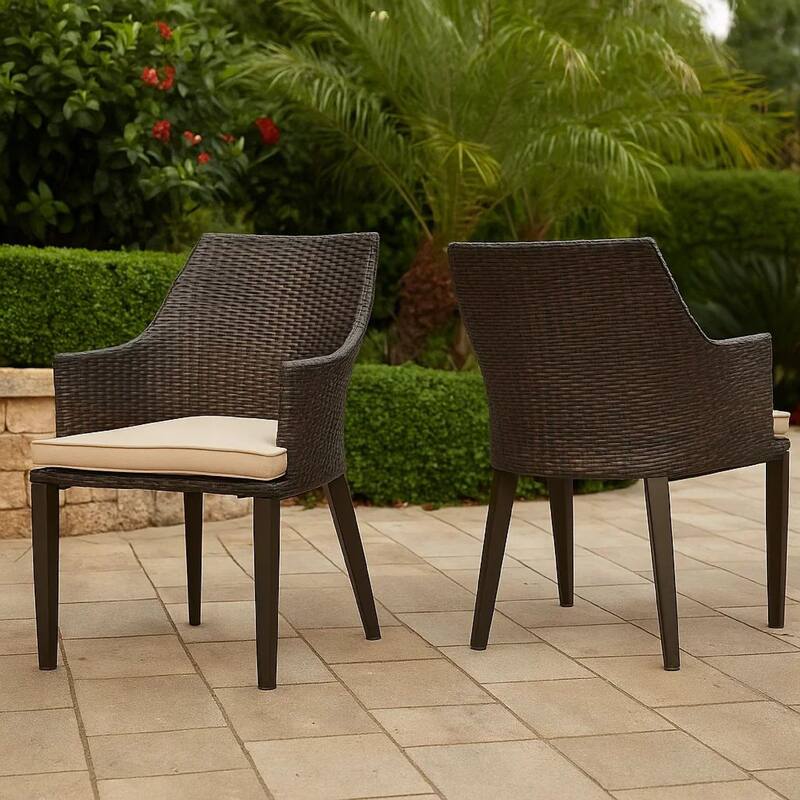 Ellish Outdoor Chair Set of 2, Metal Legs, Brown Rattan, Beige Fabric
